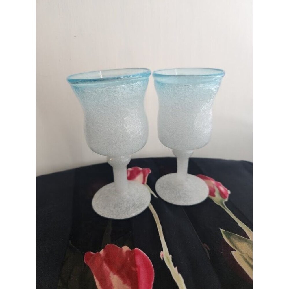 Vintage Mexican Hand Blown White  With Blue Rim Small Sipping/Shot Stemmed Glass